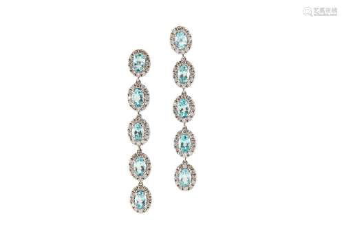 A pair of aquamarine and diamond pendent earrings