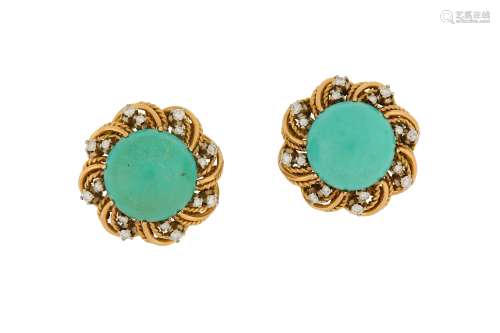 A pair of turquoise and diamond earclips