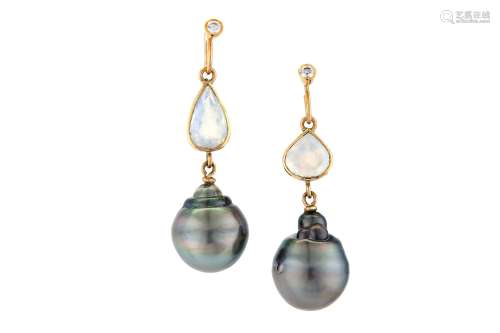 A pair of cultured pearl, moonstone and diamond earrings