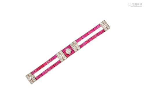 An Art Deco ruby and diamond bar brooch, circa 1925