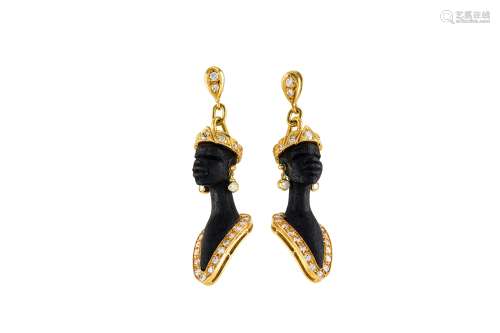 A pair of wood and diamond Blackamoor earrings