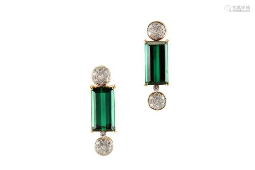 A pair of green tourmaline and diamond earrings