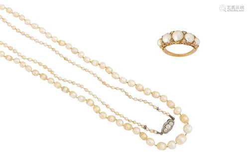 A pearl necklace and a pearl and diamond ring