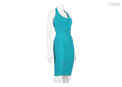 Herve Leger Turquoise Halterneck Bandage Dress - size XL