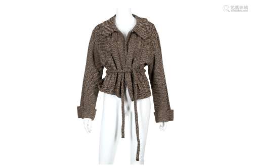 Chanel Beige and Brown Wool Pleated Belted Cardigan Jacket - size 38