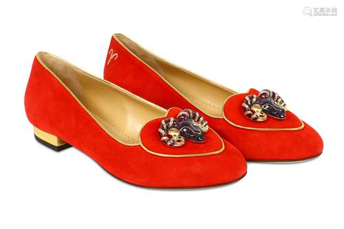 Charlotte Olympia Zodiac Red Suede Smoking Slippers - size 37