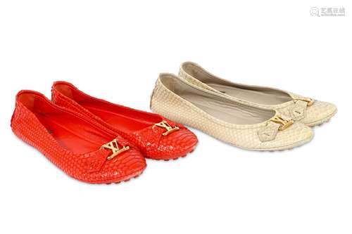 Two Pairs of Louis Vuitton Python Ballet Flats Nude and Red - size 37.5