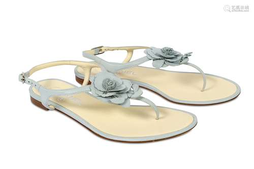 Chanel Pale Blue Leather Camellia Sandals - size 38