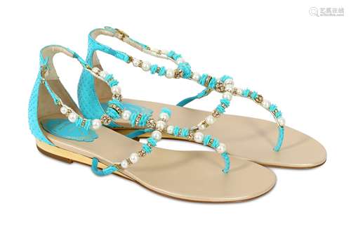 Rene Caovilla Turquoise Pearl Val Flat Sandal - size 38