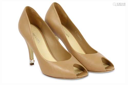 Chanel Beige Leather Peep Toe Pearl Heels - size 41