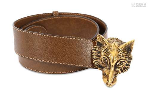 Gucci Tan Leather Wolf Head Buckle Belt - size 80