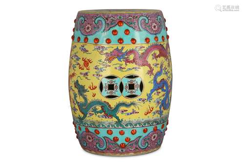 A CHINESE FAMILLE ROSE ‘DRAGON’ BARREL STOOL.