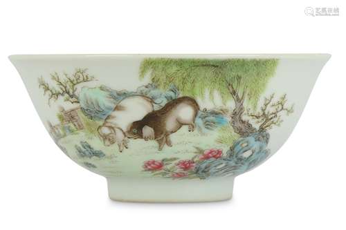 A CHINESE FAMILLE ROSE 'PIGS' CUP.