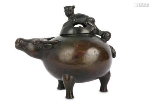 A CHINESE BRONZE 'BOY AND OX' INCENSE BURNER AND COVER.