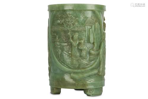 A CHINESE CELADON JADE BRUSH POT, BITONG.