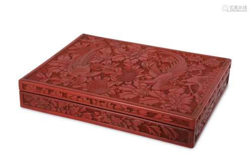A CHINESE CINNABAR LACQUER RECTANGULAR 'PARADISE FLYCATCHERS' BOX AND COVER.