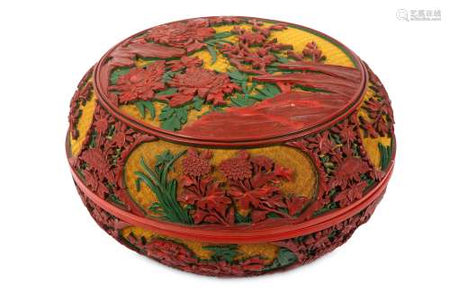 A CHINESE CINNABAR AND COLOURED LACQUER CIRCULAR BOX AND COVER.