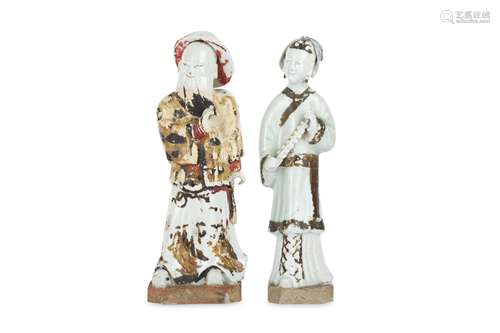 TWO CHINESE WHITE-GLAZED, LATER-ENAMELLED BISCUIT FIGURES.