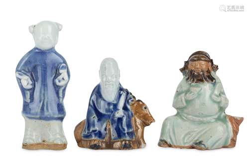 THREE CHINESE GLAZED BISCUIT FIGURES.