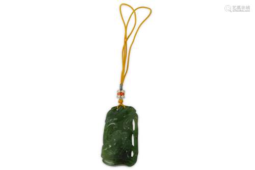 A CHINESE SPINACH-GREEN JADE ‘DRAGON ON BAMBOO’ PENDANT.