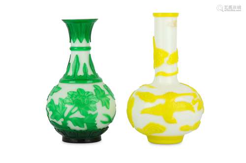 TWO CHINESE PEKING GLASS OVERLAY WHITE BOTTLE VASES.