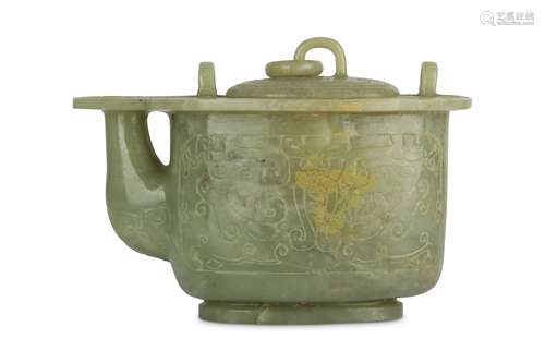 A CHINESE PALE CELADON JADE WINE POT AND COVER.