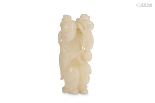 A CHINESE WHITE JADE 'MONKEY HANDLER' CARVING.