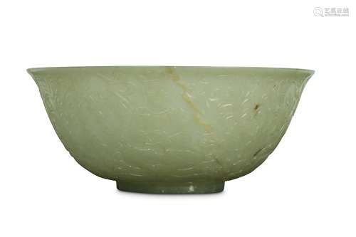 A CHINESE MUGHAL-STYLE PALE CELADON JADE 'BUDDHIST' BOWL.