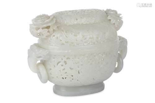 A CHINESE WHITE JADE RETICULATED INCENSE BURNER AND COVER.