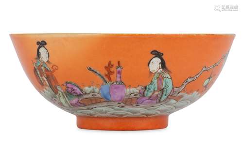 A CHINESE FAMILLE ROSE ORANGE-GROUND ‘IMMORTALS RAFT’ BOWL.