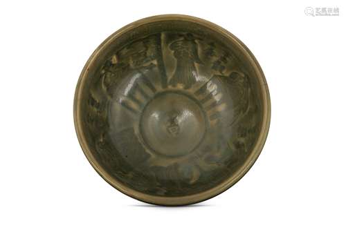 A CHINESE MOULDED CELADON FIGURATIVE BOWL.