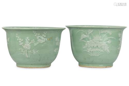 A PAIR OF CHINESE CELADON-GLAZED SLIP-DECORATED JARDINIÈRES.