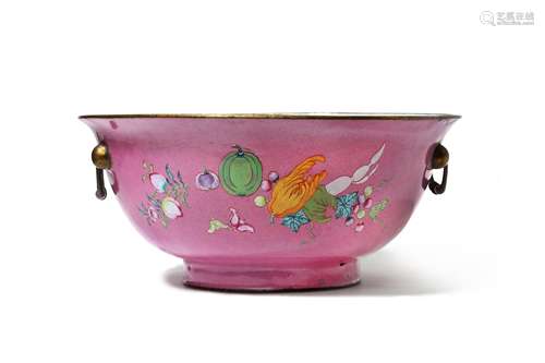 A CHINESE CANTON ENAMEL PINK-GROUND 'FRUIT' BOWL.