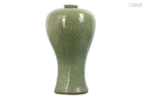 A KOREAN CELADON-GLAZED 'BLOSSOMS' VASE. With a tapered body and a bulging shoulder carved with