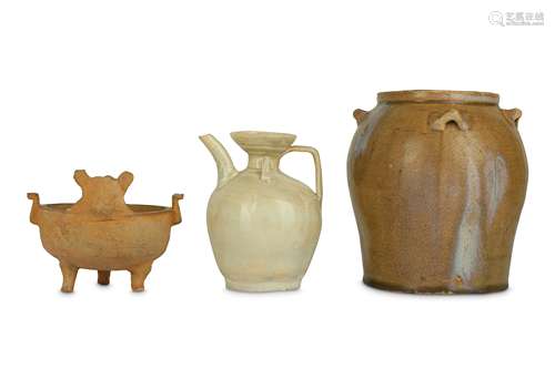 A CHINESE POTTERY JAR, AN EWER AND A TRIPOD VESSEL.