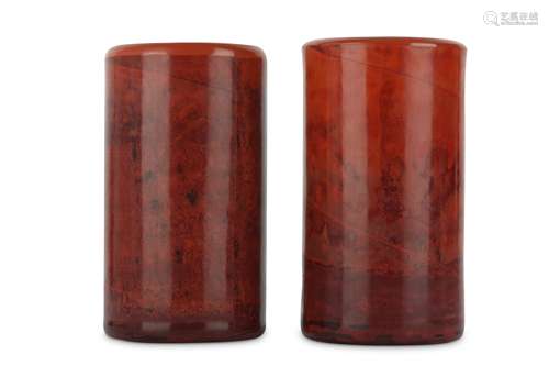 TWO CHINESE REALGAR GLASS BRUSH POTS, BITONG.