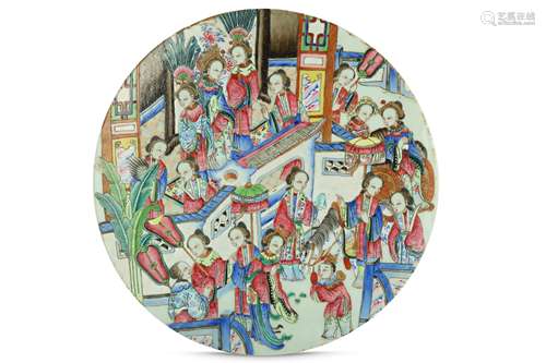 A CHINESE FAMILLE ROSE CIRCULAR 'LADIES' PANEL.