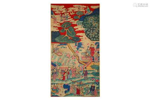 A CHINESE RED-GROUND FIGURATIVE TEXTILE HANGING SCROLL.