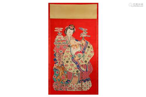 A CHINESE RED-GROUND 'MAGU AND SHOULAO' TEXTILE HANGING SCROLL.