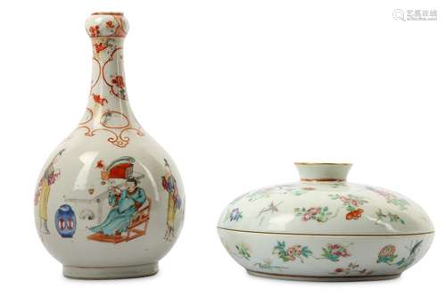 A CHINESE FAMILLE ROSE SWEET MEAT DISH AND COVER AND A FAMILLE ROSE GARLIC MOUTH BOTTLE VASE.