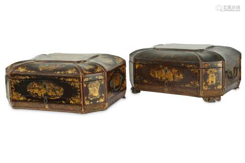 A PAIR OF CHINESE BLACK LACQUER GILT-DECORATED SEWING BOXES.