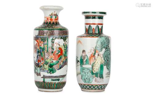 TWO CHINESE FAMILLE VERTE ROULEAU VASES.