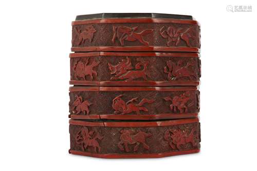 A CHINESE CINNABAR LACQUER FOUR-TIER HEXAGONAL BOX.