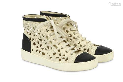 Chanel White Leather Laser Cut High Top Trainers - size 38