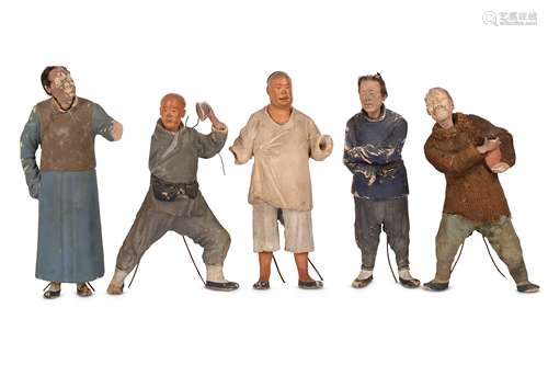 FIVE CHINA TRADE POLYCHROMED PLASTERWORK FIGURES OF MEN.