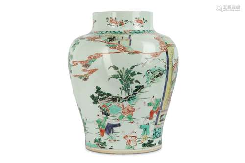 A CHINESE FAMILLE VERTE FIGURATIVE BALUSTER JAR.