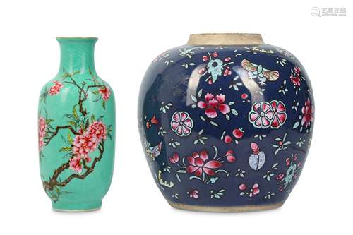 A CHINESE FAMILLE ROSE TURQUOISE-GROUND SGRAFITTO VASE AND A BLUE-GROUND JAR.