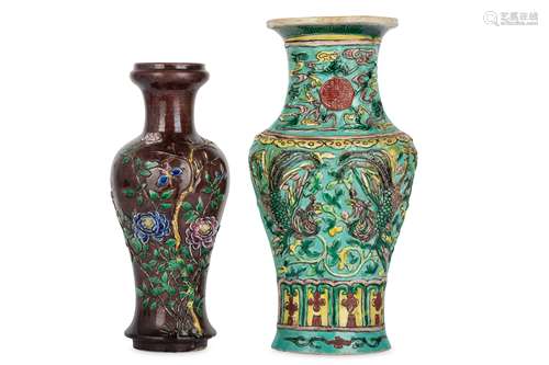 TWO CHINESE FAMILLE VERTE MOULDED BALUSTER VASES.