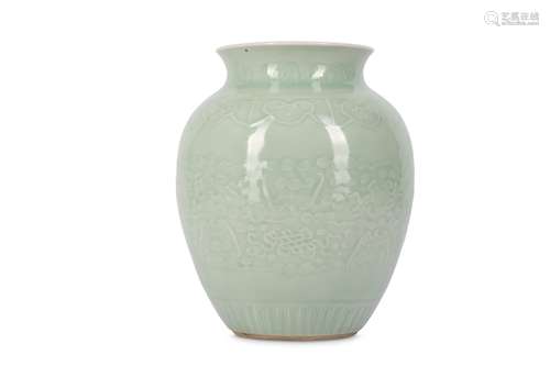 A CHINESE CELADON-GLAZED 'BATS AND BUDDHIST EMBLEMS' VASE.