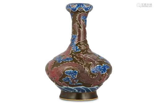 A CHINESE BROWN-GROUND AND UNDERGLAZE BLUE AND RED BOTTLE VASE.